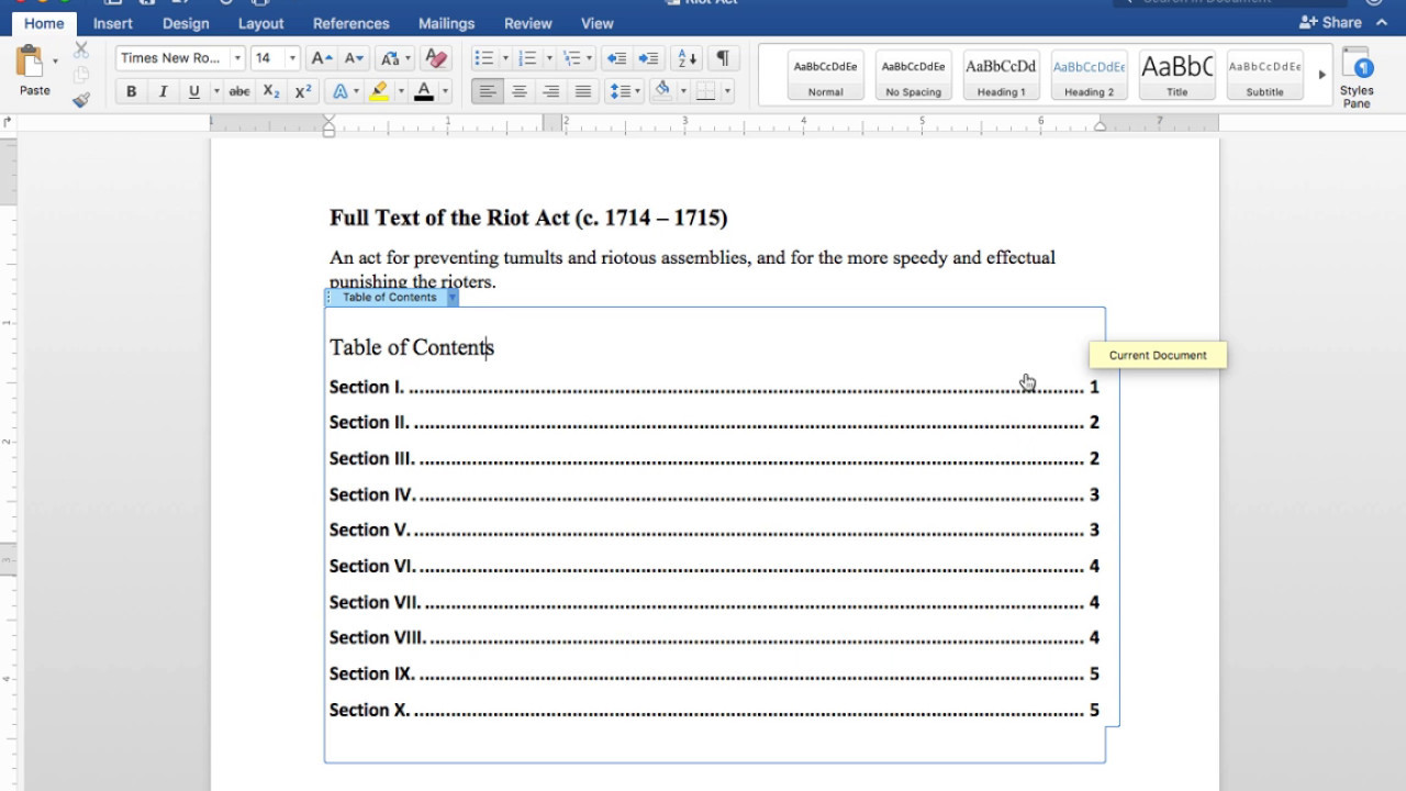 How to insert table of contents automatically
